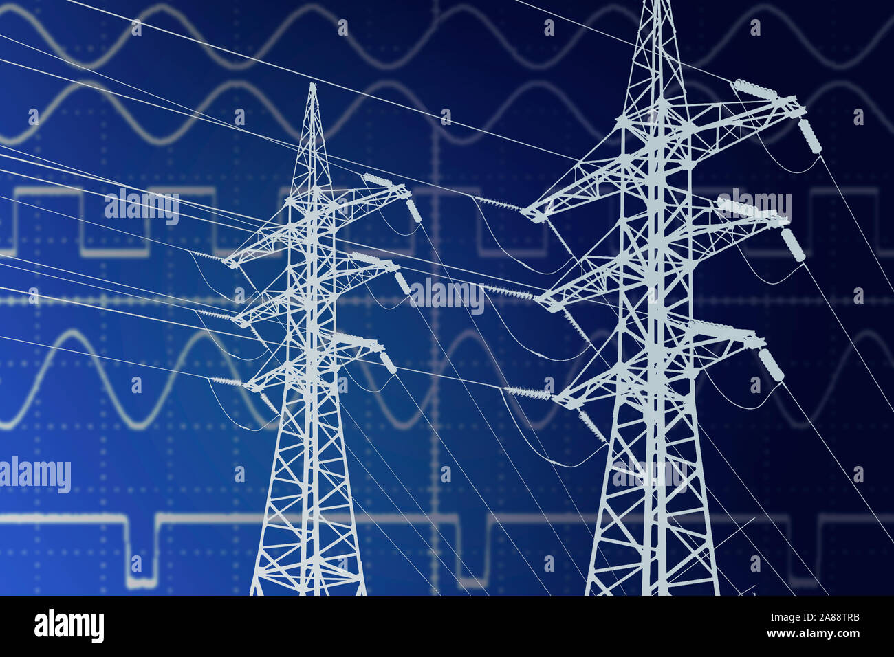 Electric power transmission line towers on current sinusoidal diagram
