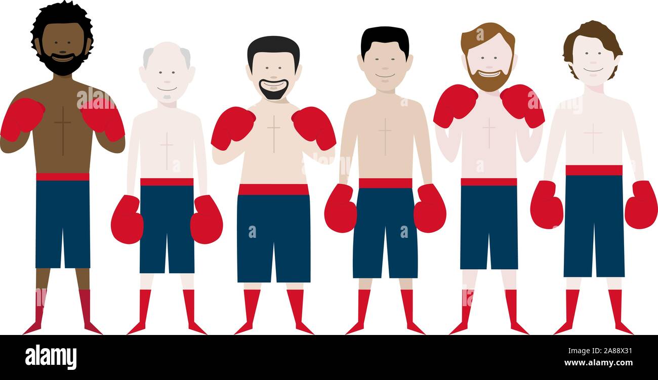 line up of multicultural male boxers. eps vector file available. Stock Vector