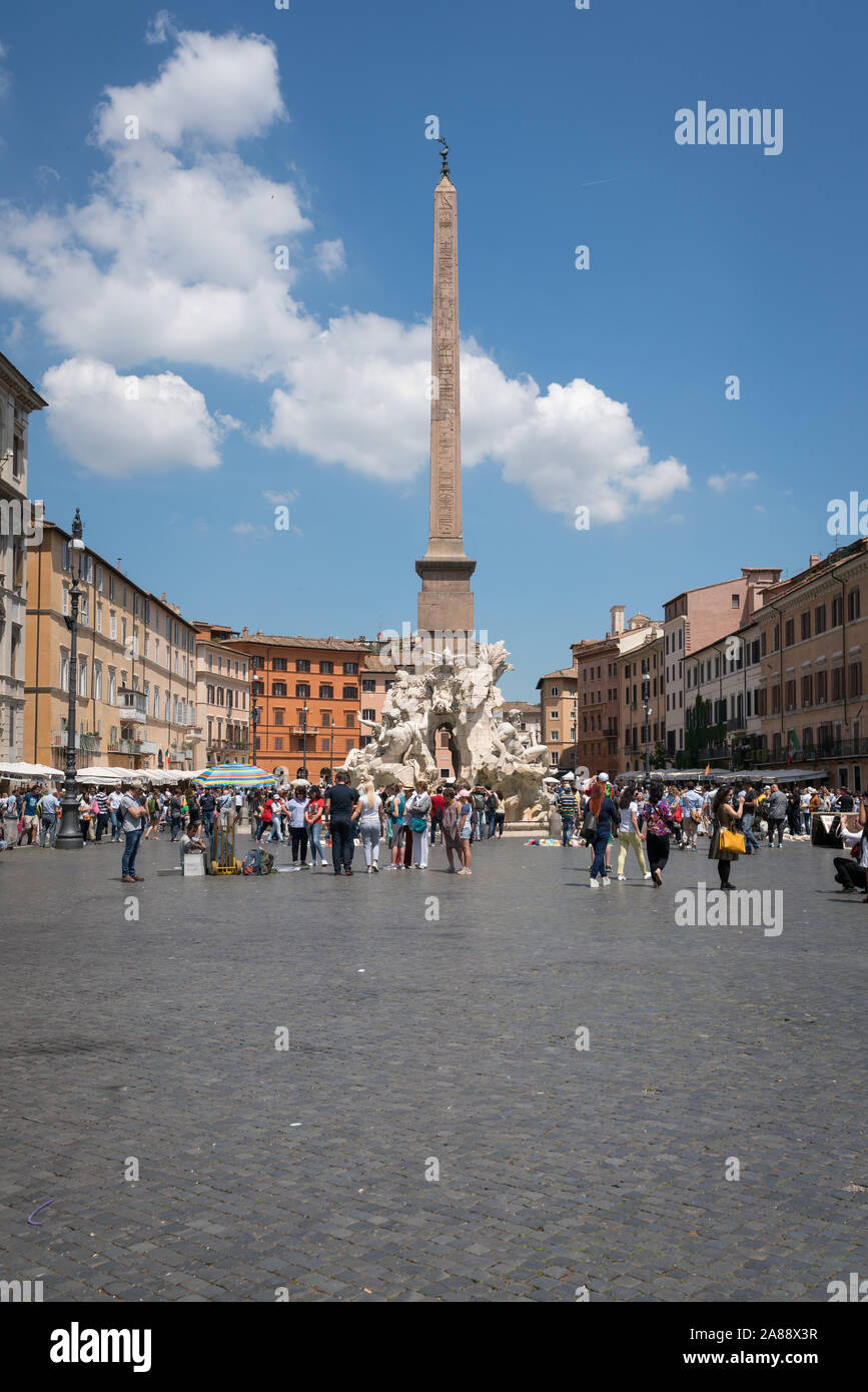 Fontana dei Quattro Fiumi (Fountain of the Four Rivers) and its obelisk on Piazza Navona (Navona Square) Stock Photo