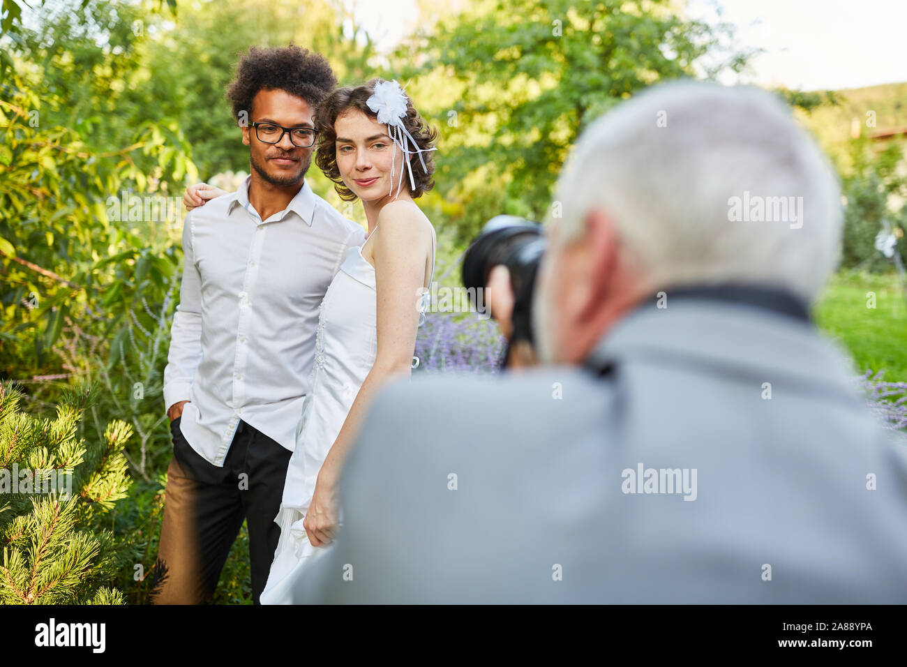 Wedding photographer photographs newlyweds in nature on wedding day Stock Photo