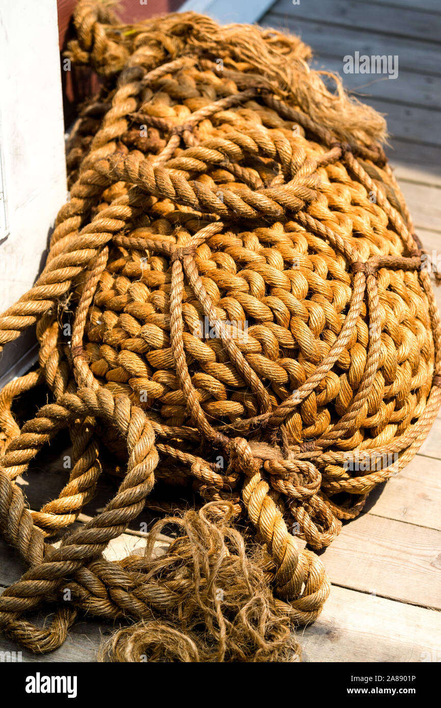 Rope fender for boats. Waterfront jetty. Canada, halifax Stock