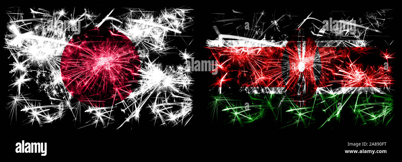 Japan, Japanese vs Kenya, Kenyan New Year celebration sparkling fireworks flags concept