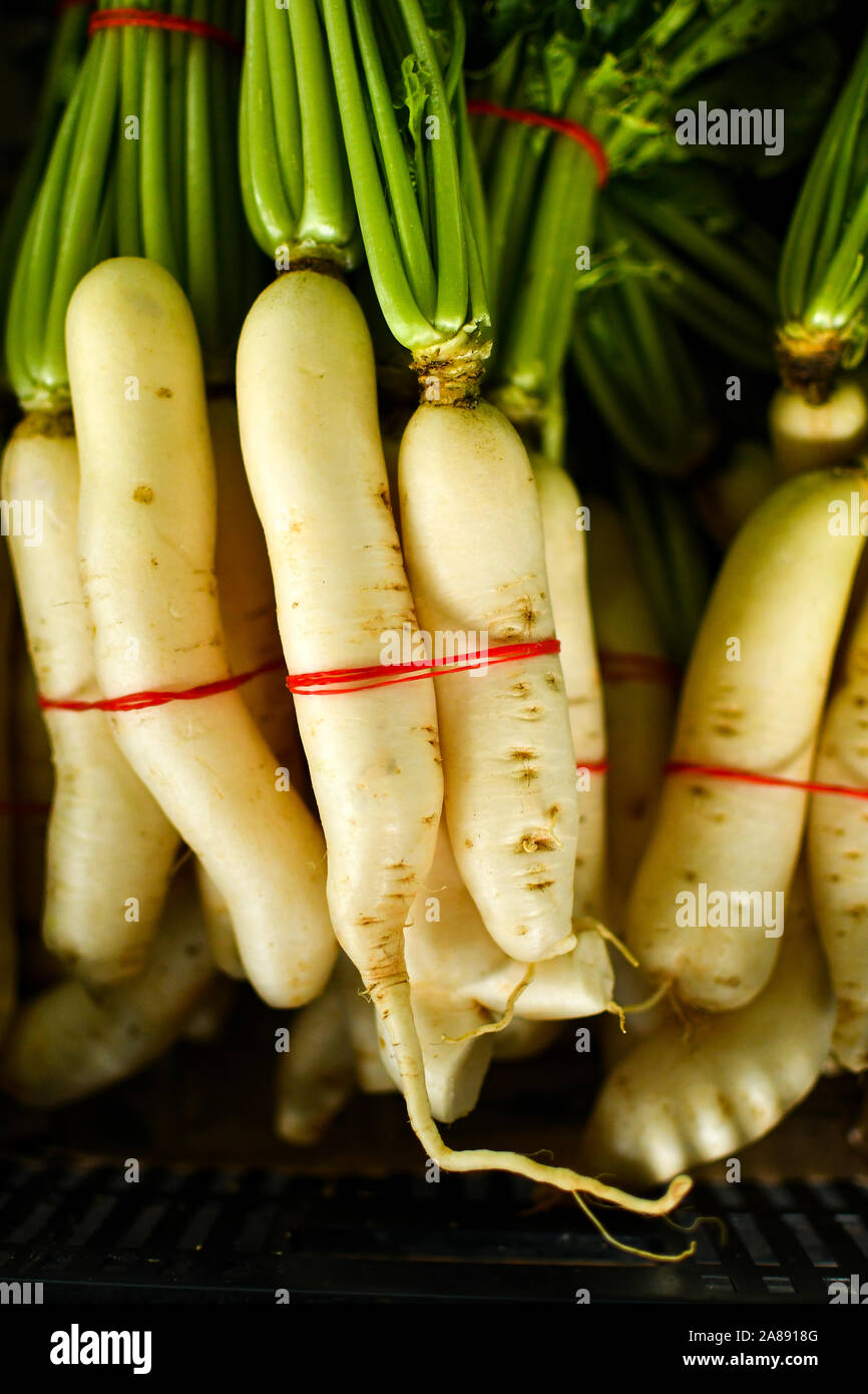 Winter radish tie in pairs for sale in market Stock Photo