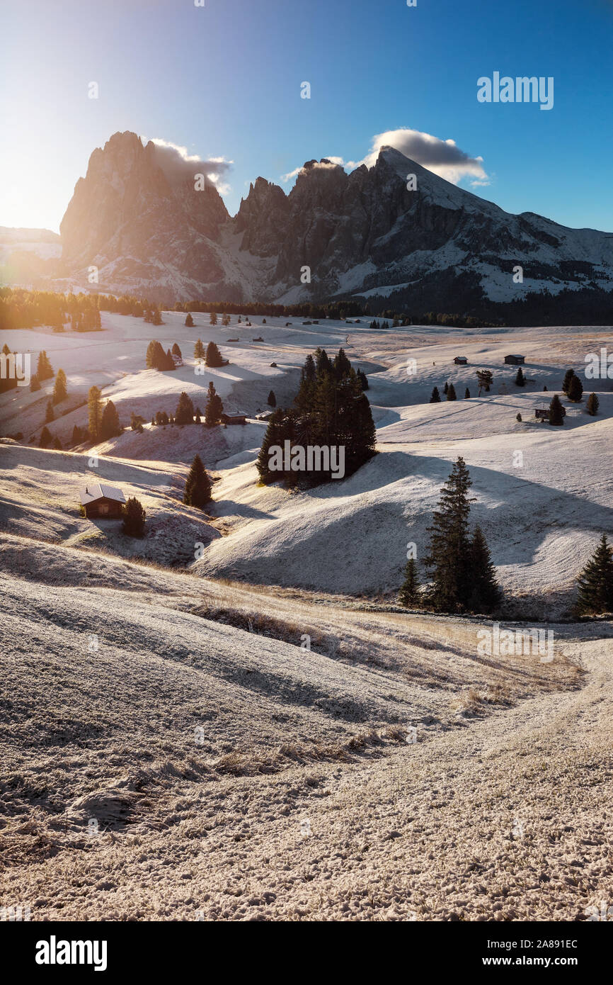 Beautiful view of traditional wooden mountain chalets on scenic Alpe di Siusi with famous Langkofel mountain peaks in the background in golden morning Stock Photo