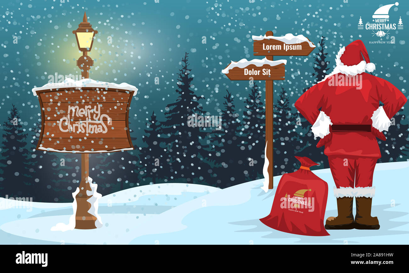 Santa Claus looking at a arrow with winter landscape and snowflakes. Street lamp and merry christmas writing. illustration. Stock Photo