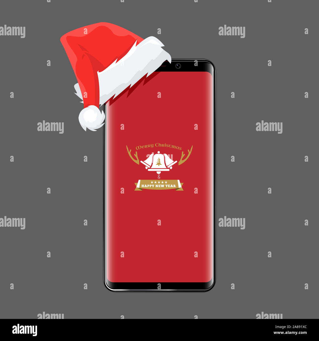 Smartphone with santa claus cap on it for christmas online shopping sale concept. Cell phone and new year design. illustration. Stock Photo