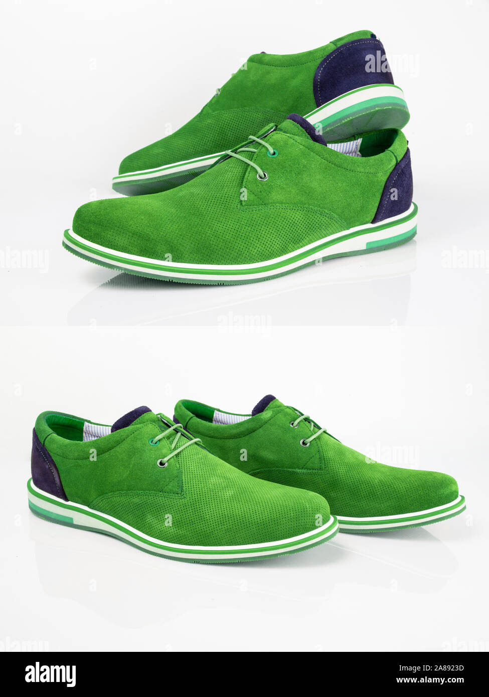 Male green leather shoe on white background, isolated product. Stock Photo