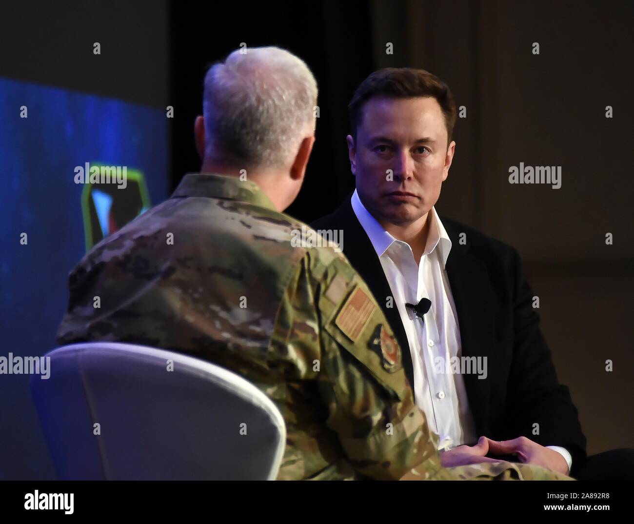 Elon Musk, CEO of SpaceX, speaks with U.S. Air Force Lt. Gen. John Thompson, Space and Missile Systems Center commander during the Air Force Space Pitch Day November 5, 2019 in San Francisco, California. Stock Photo