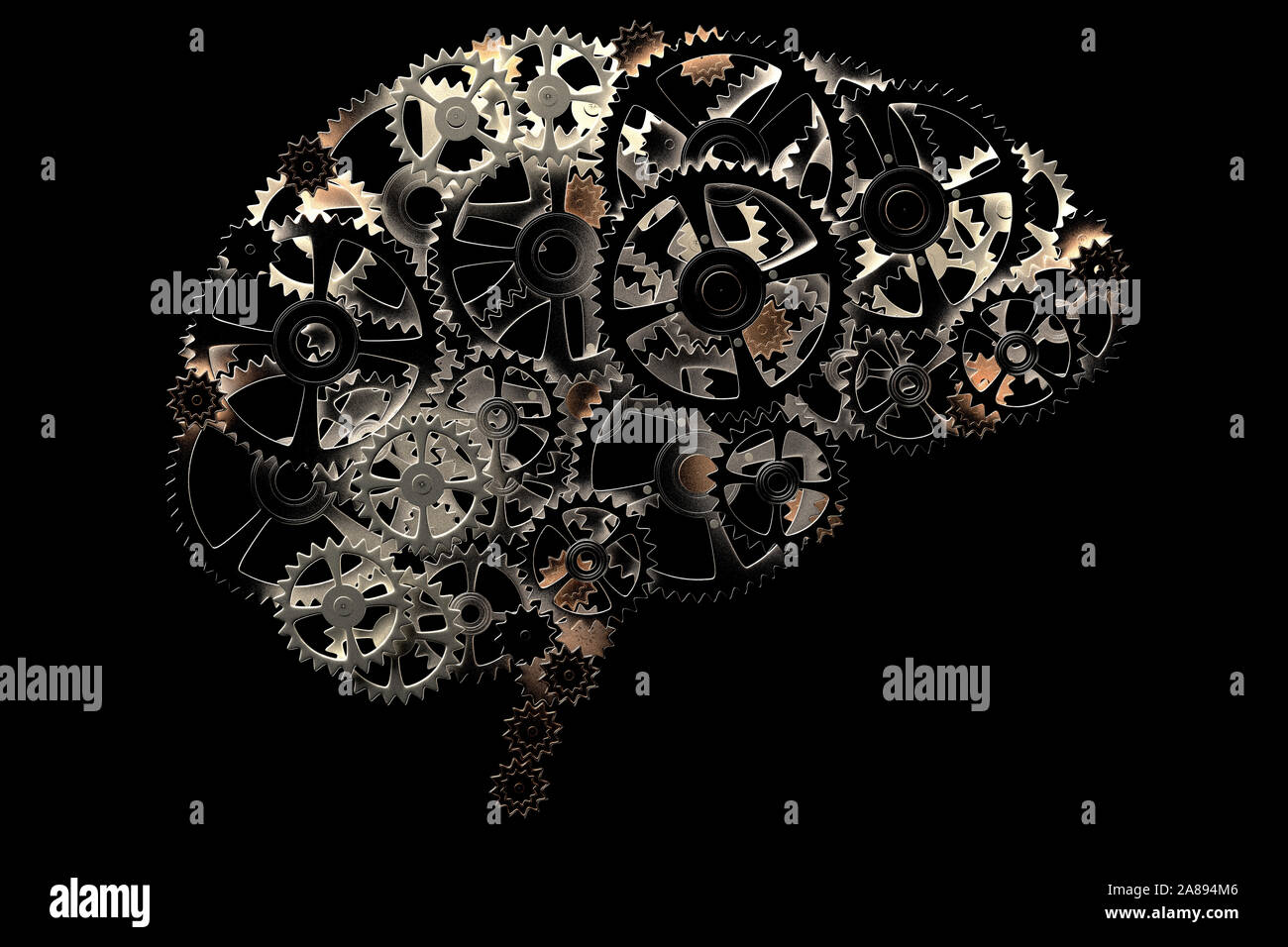 3D rendering of a conceptual image of a human brain made of cogwheels Stock Photo