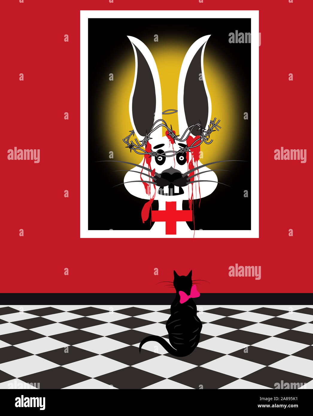 illustration of a rabbit as jesus in a museum and a cat looking at it ...