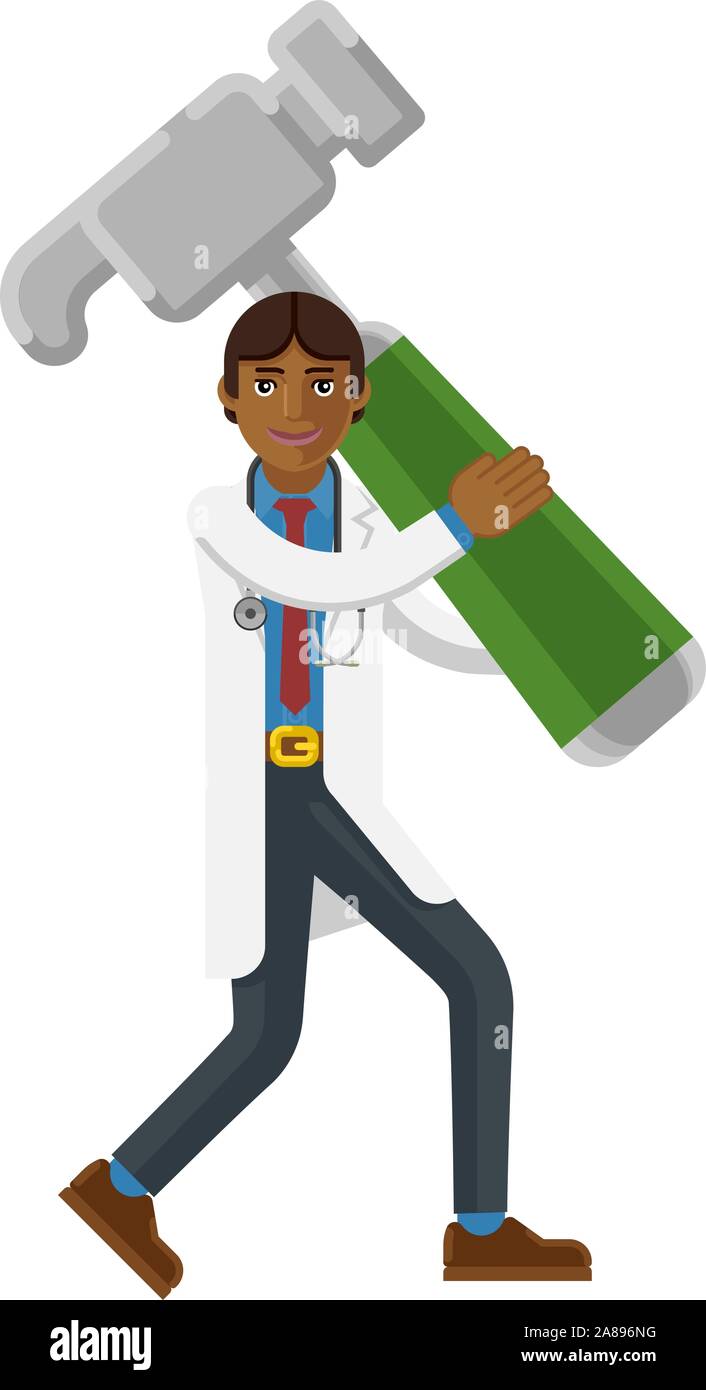 Asian Doctor Man Holding Hammer Mascot Concept Stock Vector