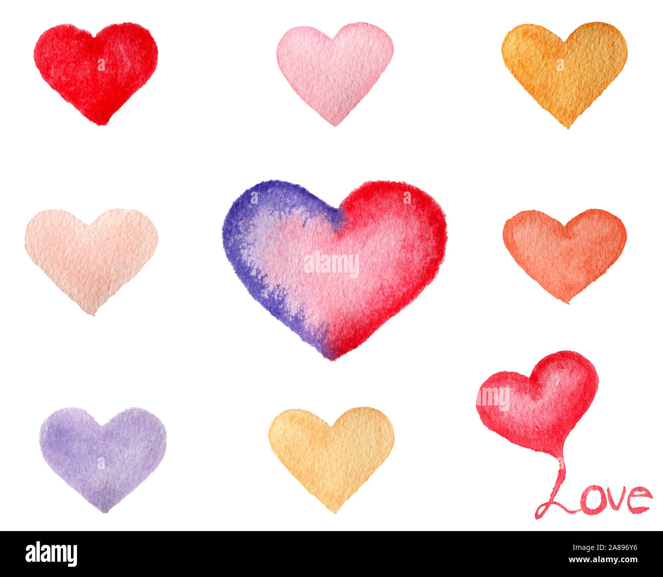 set of watercolor hearts isolated on white background, colorful hearts ...