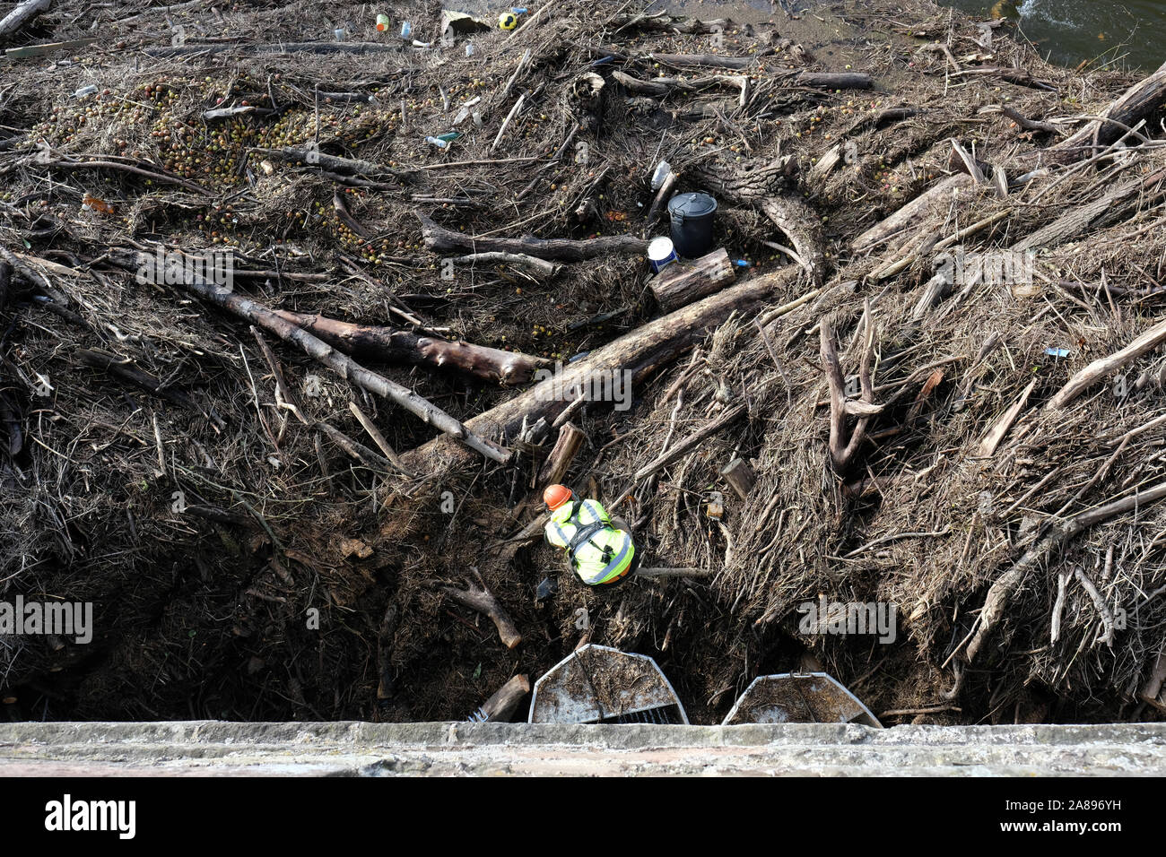 Hereford, Herefordshire, UK - Thursday 7th November 2019 - Environment Agency staff with chain saws and hooks start to clear the huge volume of trees, branches and assorted river debris that is blocking the centre arches of the old medieval Wye Bridge in Hereford. Recent heavy rain last wek saw the River Wye peak at 5.5m in the city, the highest since 1998.  Photo Steven May / Alamy Live News Stock Photo