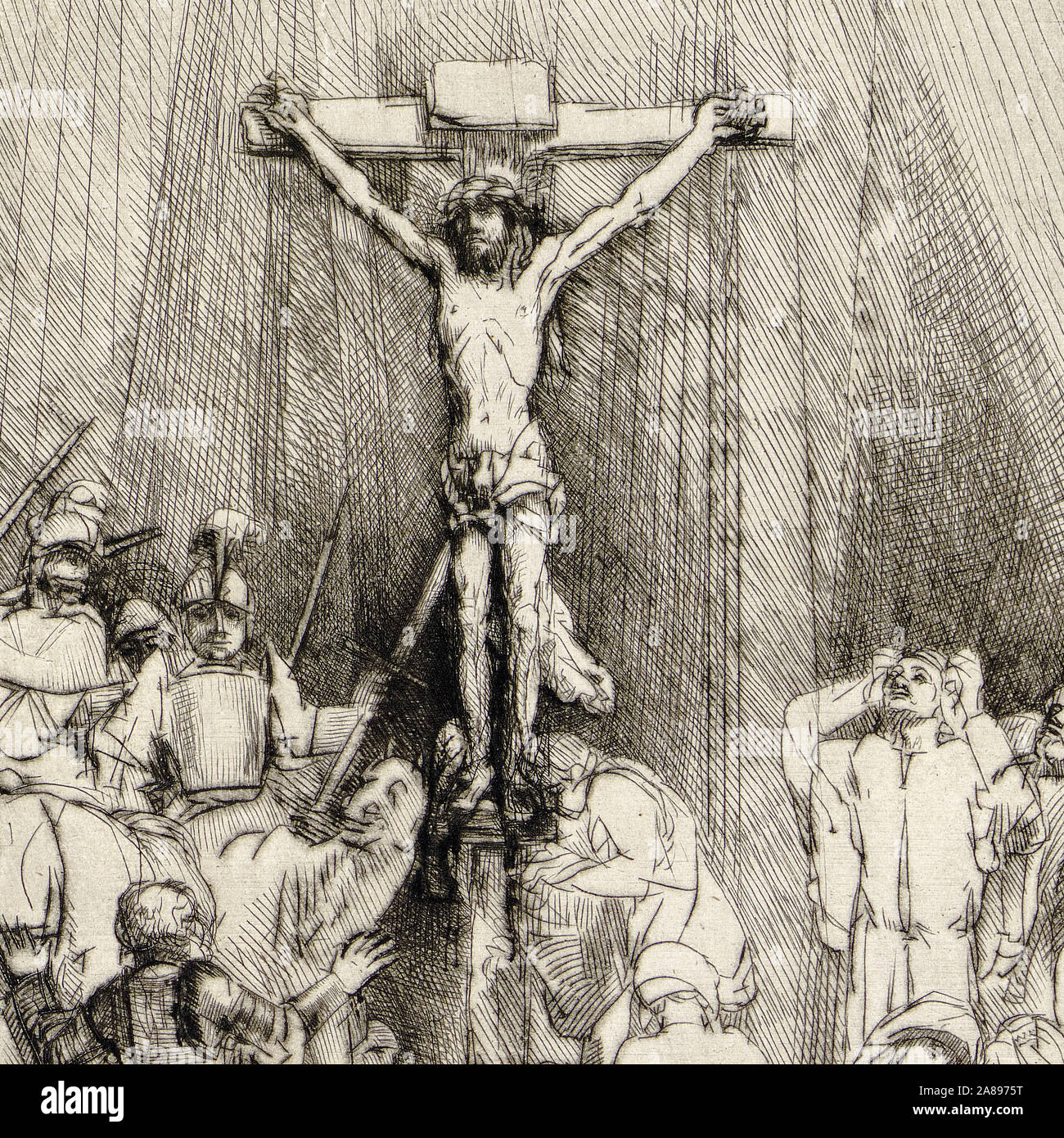 Rembrandt van Rijn, The Three Crosses, drypoint detail 1653 Stock Photo