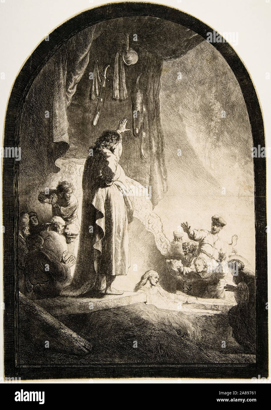 Rembrandt van Rijn, The Raising of Lazarus, (The Larger Plate), engraving, circa 1632 Stock Photo