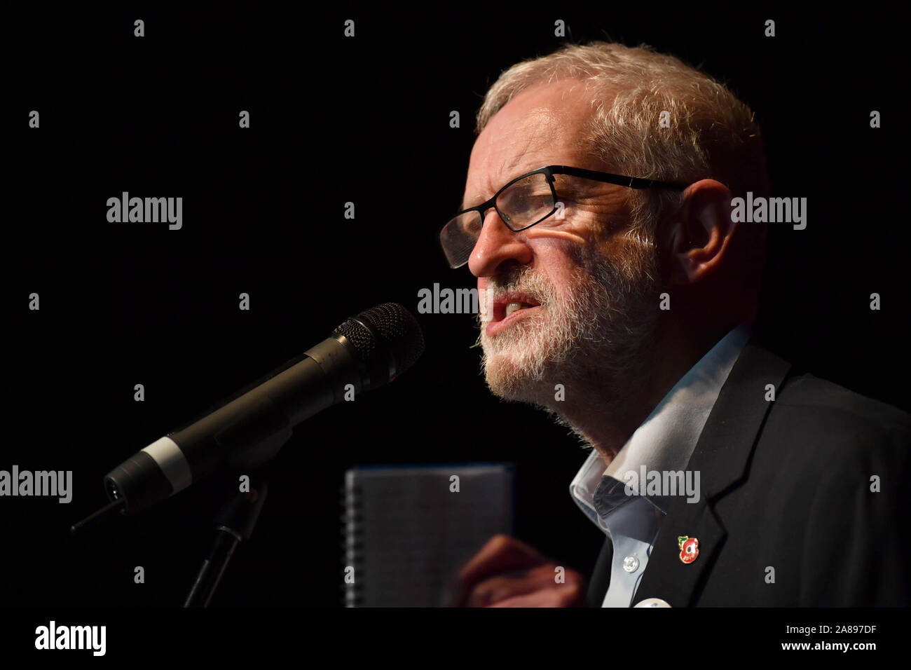 Labour leader Jeremy Corbyn makes a speech at the Library Theatre while on the General Election campaign trail in Darwen, Lancashire. Stock Photo