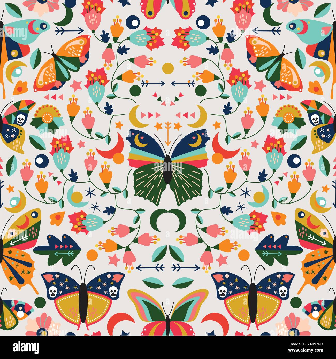 Seamless Tileable Wallpaper Pattern With Boho Style Butterflies Moths And Floral Elements Stock Vector Image Art Alamy