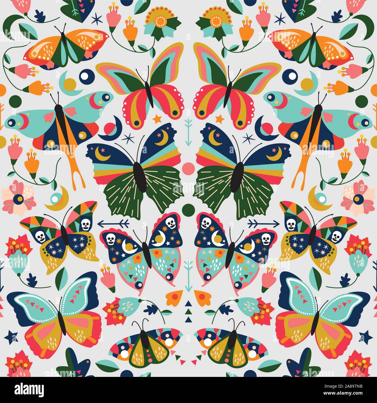 Seamless, Tileable Wallpaper Pattern with Boho Style Butterflies, Moths