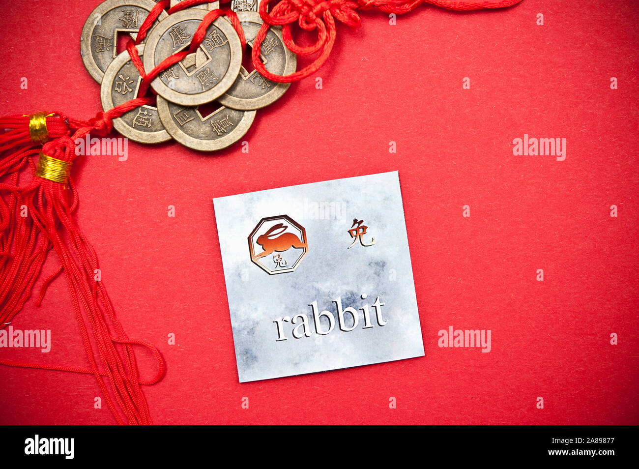 card with the symbol of Chinese astrological sign of Rabbit Stock Photo