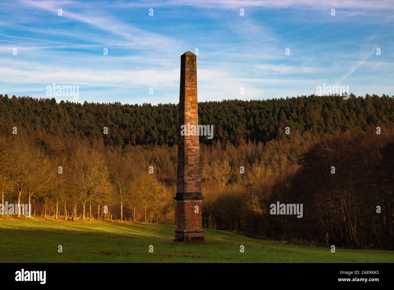 Obelisk bei Wildeck im Hintergrund ein Mischwlad Stock Photo