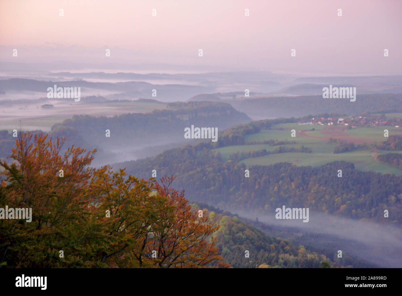 Wutachflühen (with fog), view from Buchberg near Blumberg at sunrise,  autumn, Black Forest, Germany Stock Photo