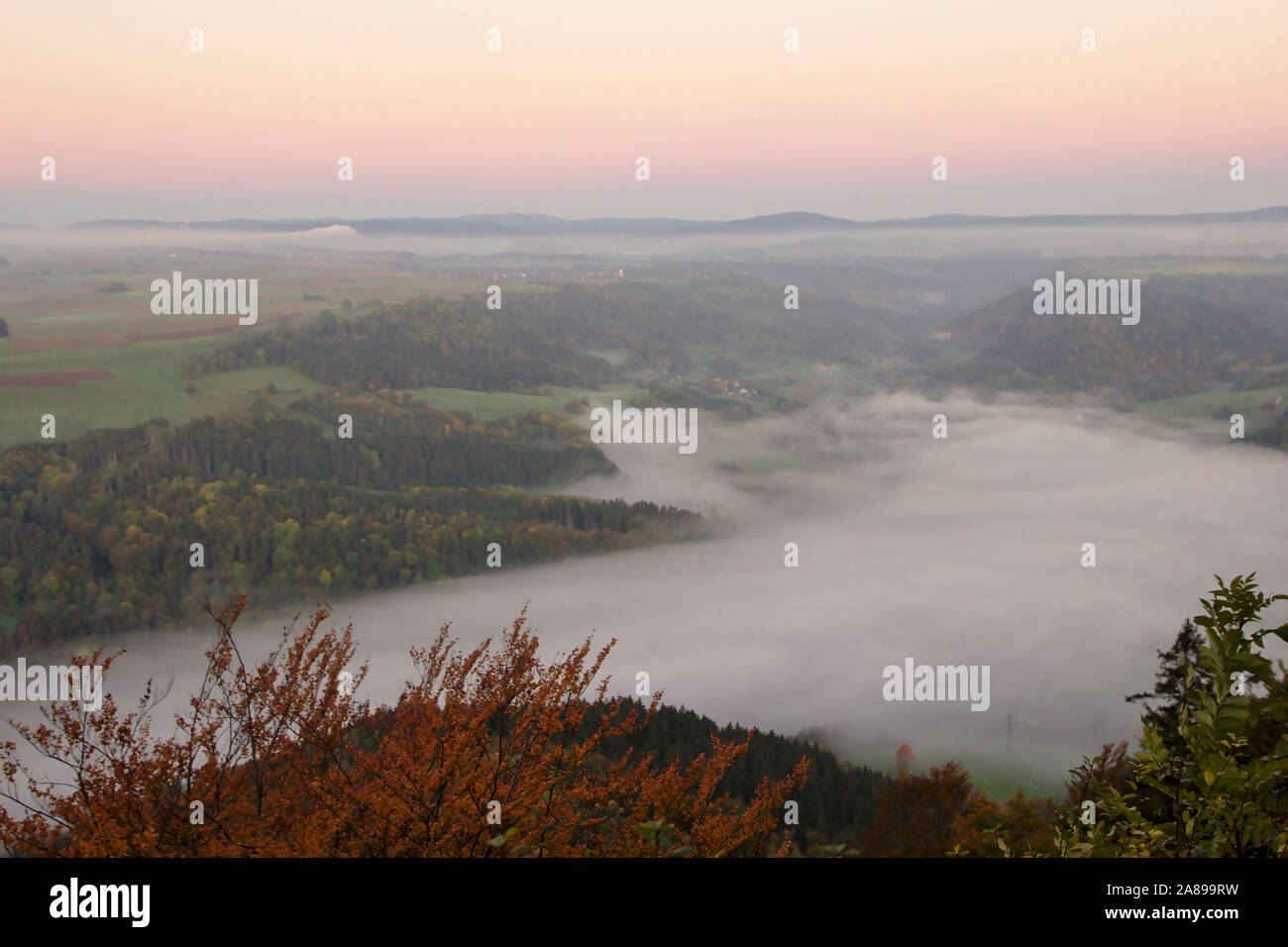 Wutachvalley at Achdorf under fog, view from Buchberg near Blumberg,  autumn, sunrise, Black Forest, Germany Stock Photo