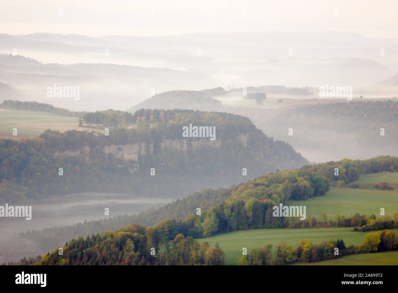Wutachflühen (with fog), view from Buchberg near Blumberg at sunrise,  autumn, Black Forest, Germany Stock Photo