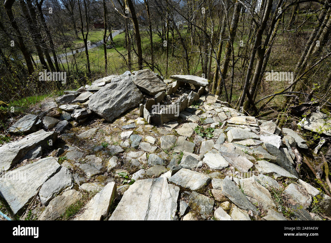 Graveyard of a warrior dating back to 400 AD at Hordamuseet, an open-air museum at Fana. Bergen county, Norway Stock Photo