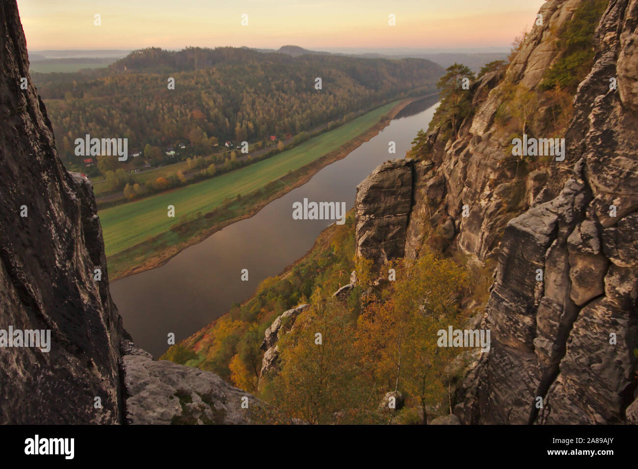 Bastei, view from the bridge on Elbe, sunrise,  autumn, Sächsische Schweiz, Germany Stock Photo