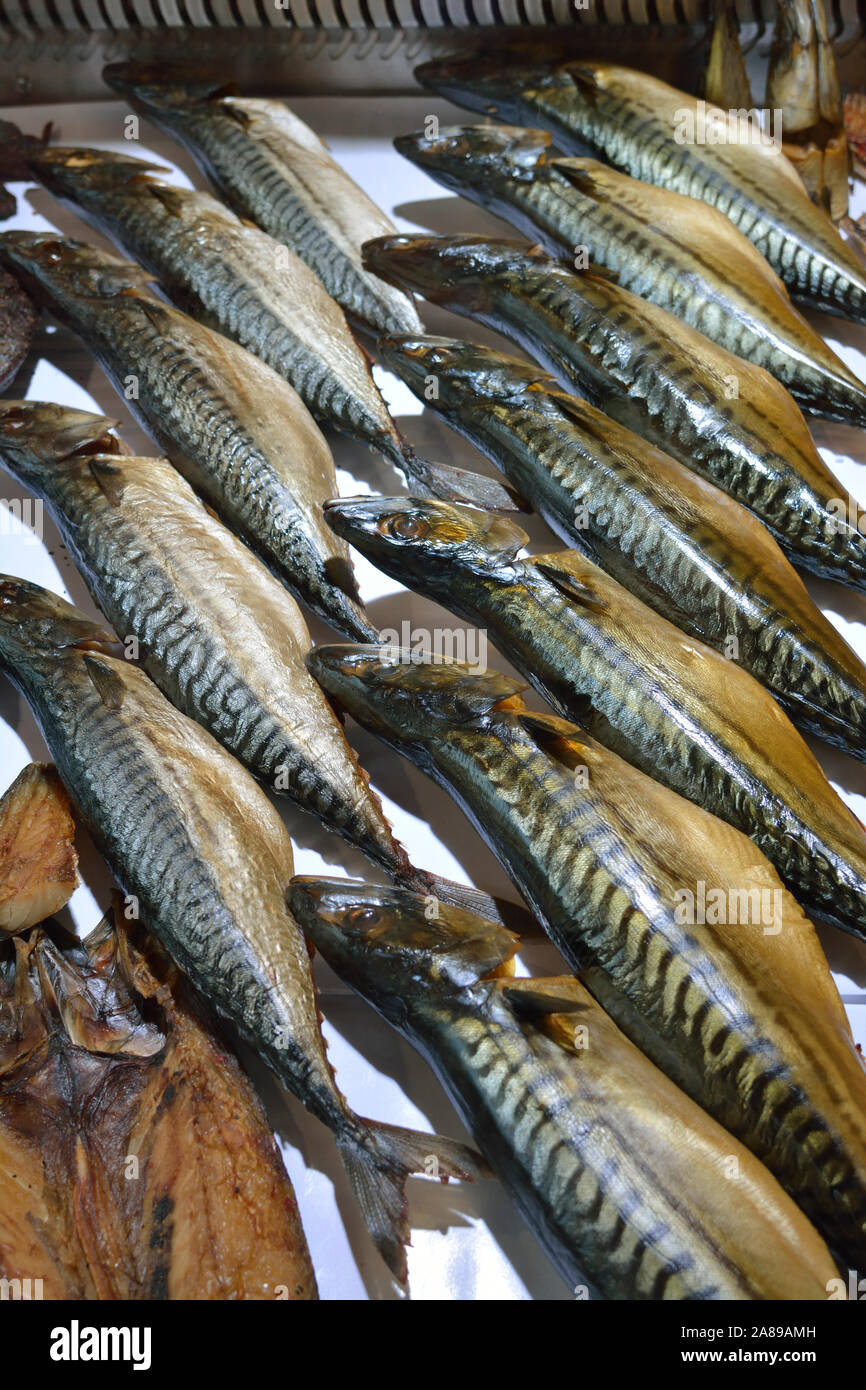 Smoked mackerel in the fish market. Bergen. Norway Stock Photo