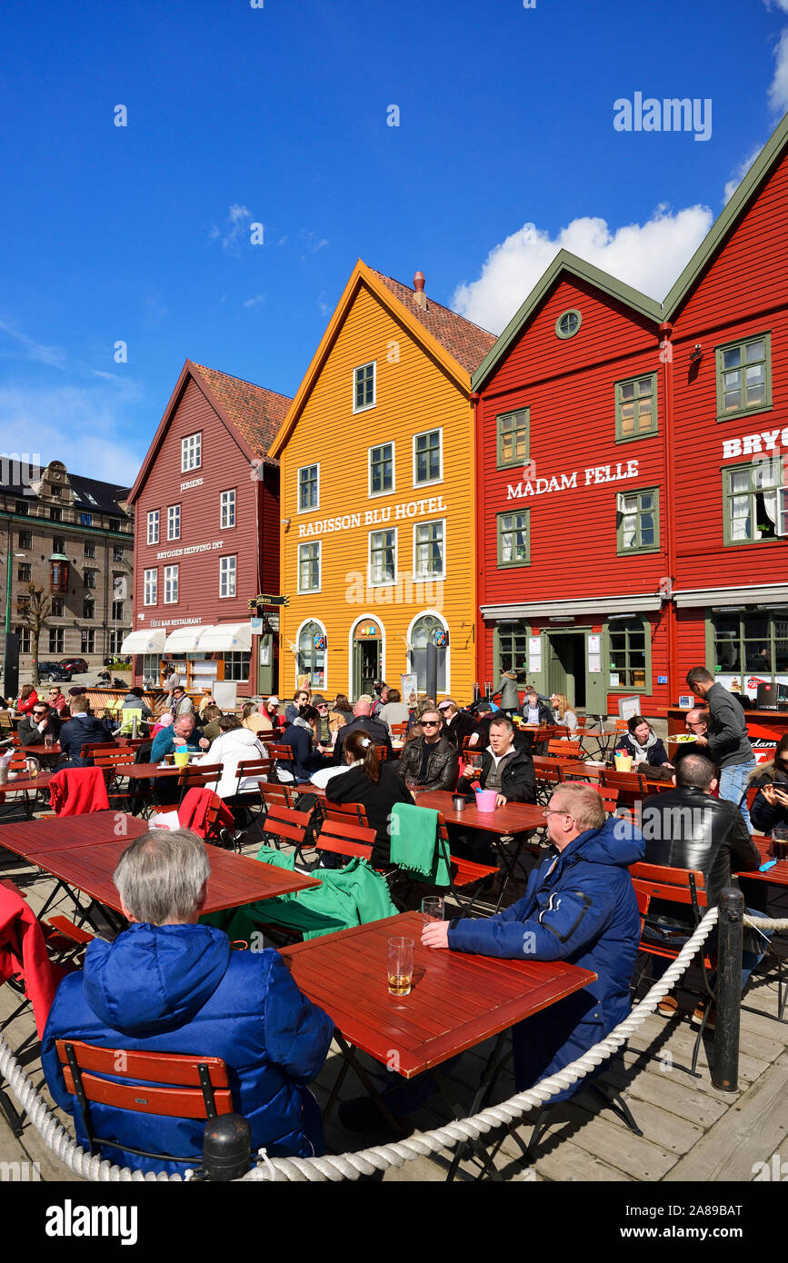Fishing and trading wooden warehouses in the Bryggen District, a former counter of the Hanseatic League. A UNESCO World Heritage Site, Bergen. Norway Stock Photo