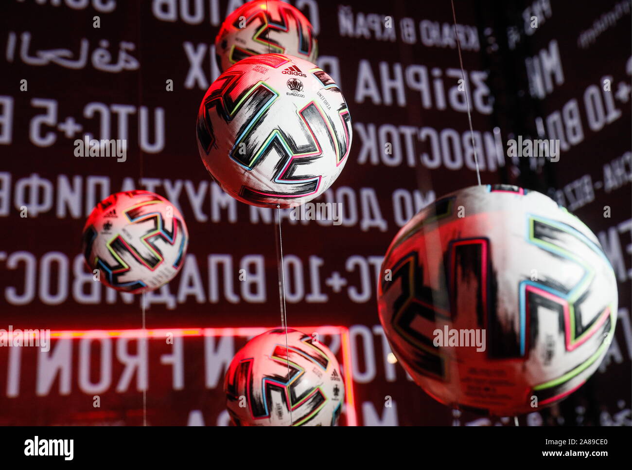 MOSCOW, RUSSIA – NOVEMBER 7, 2019: Unveiling Adidas Uniforia, the official match ball for UEFA Euro 2020. The championship is to be held in 12 European cities from 12 June to 12 July 2020. Alexander Shcherbak/TASS Stock Photo