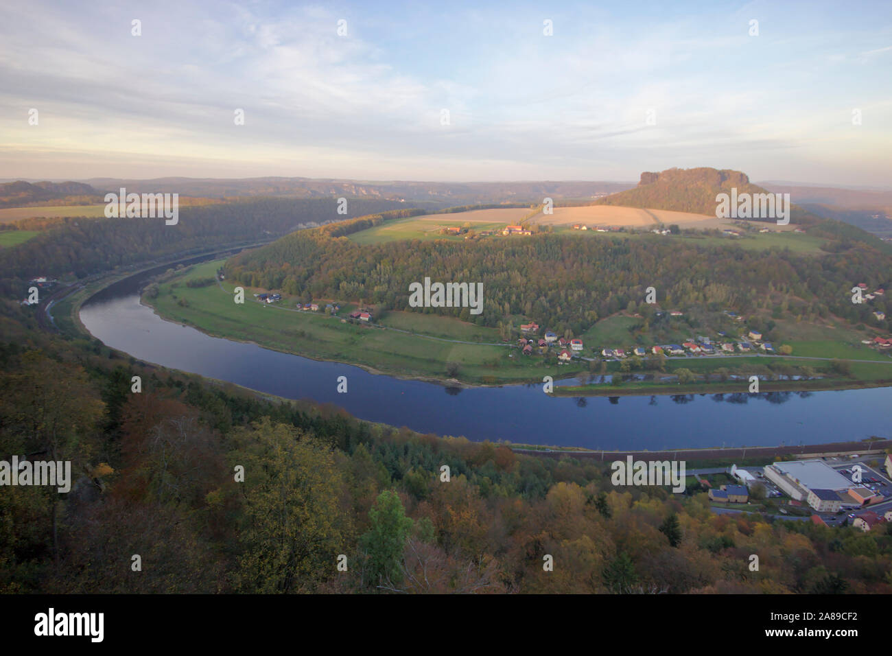 View to Elbe and Lilienstein from Festung Königsstein, autumn, Sächsische Schweiz, Germany Stock Photo
