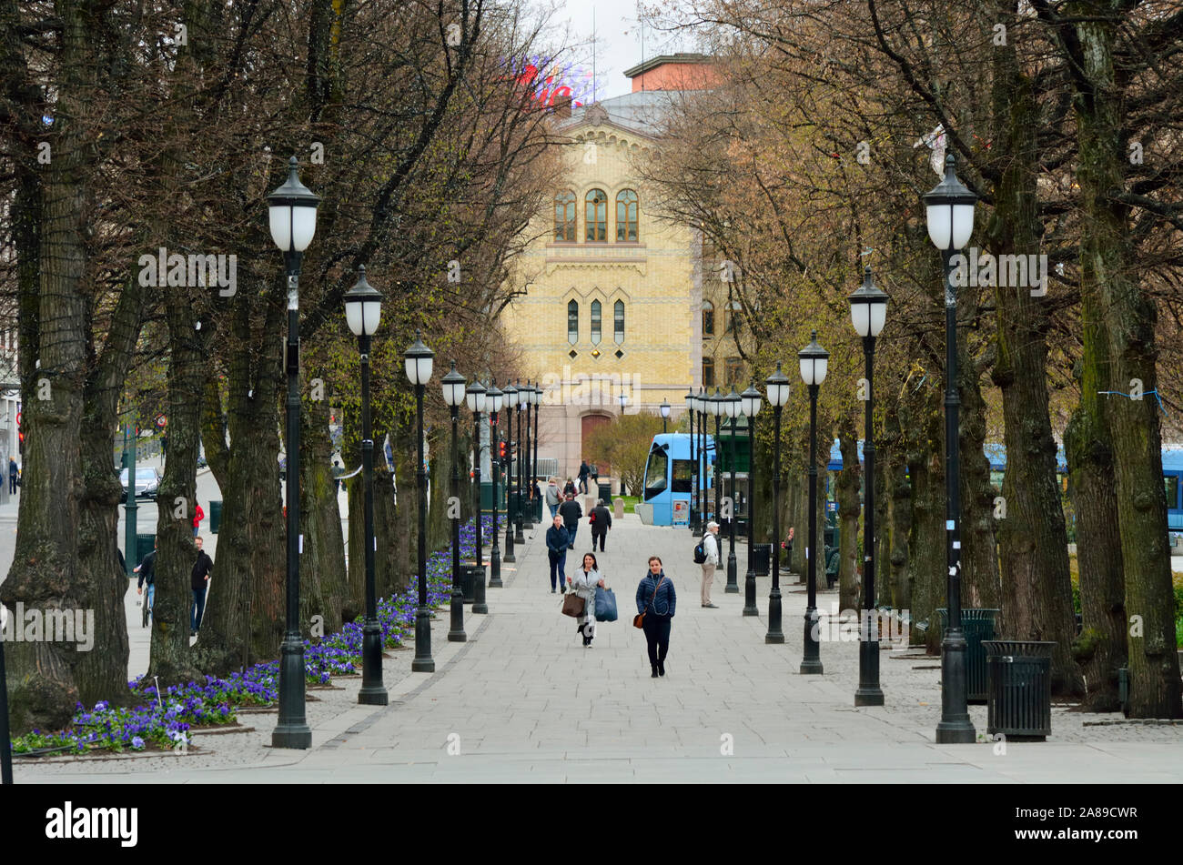 The pedestrian Karl Johans gate (street) in the middle of a green city park. Oslo, Norway Stock Photo