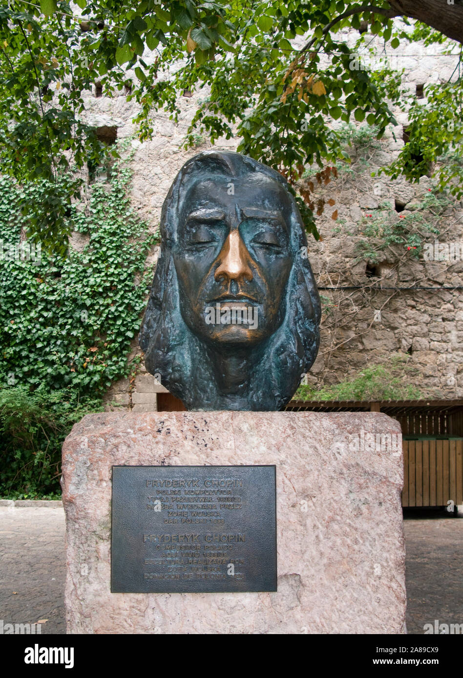 Bust of Frederic Chopin at Carthusian monastery, historic center of Valldemossa, Comarca, Serra de Tramuntana, Mallorca, Balearic islands, Spain Stock Photo