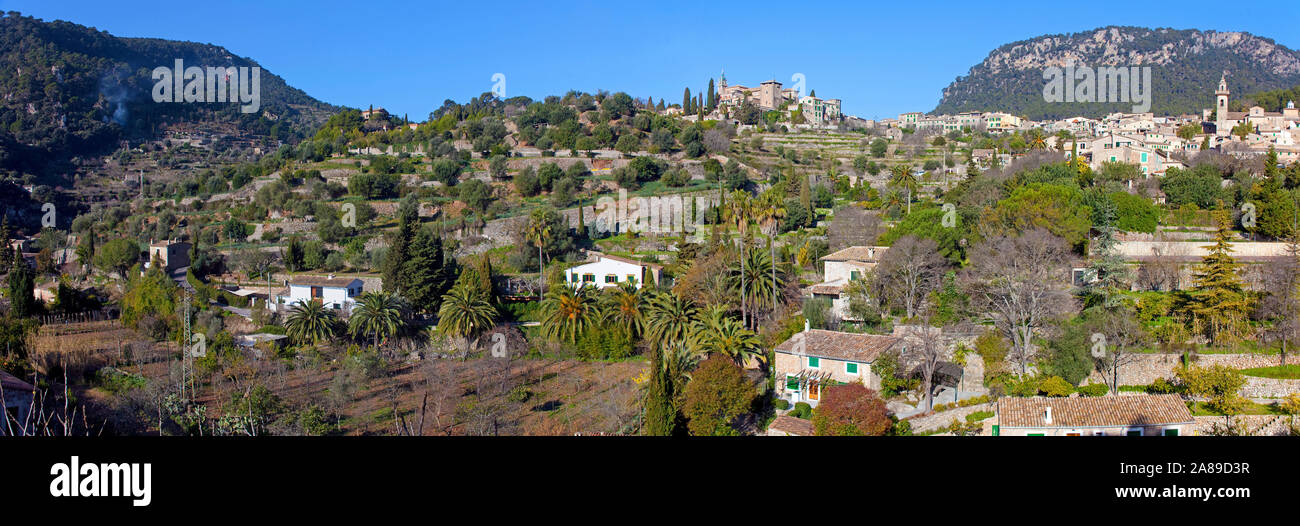 The mountain village Valldemossa with church Saint Bartomeu, region Comarca, Serra de Tramuntana, Mallorca, Balearic islands, Spain Stock Photo