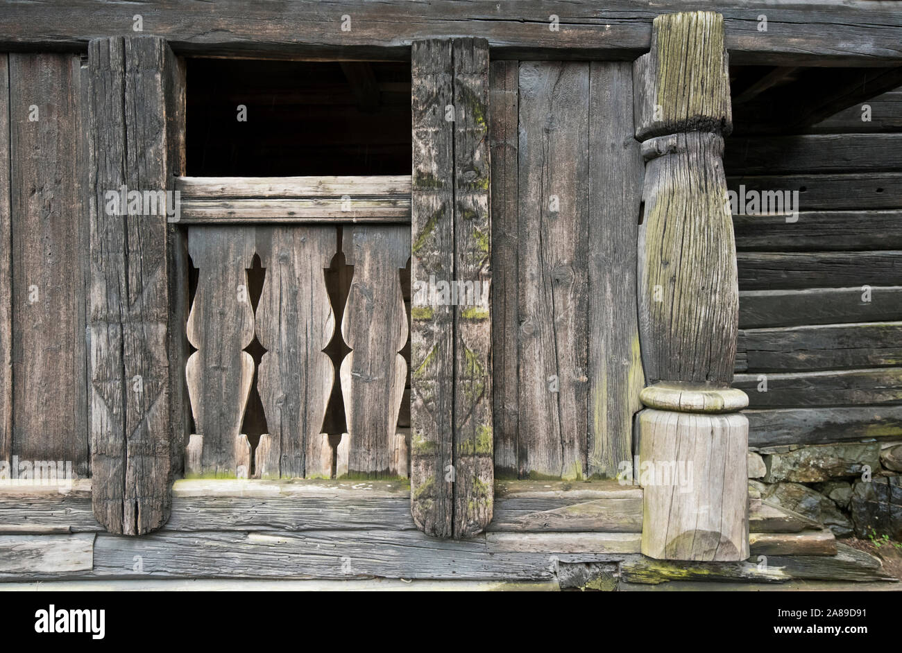 Detail of a house dating back to the 18th century, from the Telemark county. Norwegian Museum of Cultural History (Norsk Folkemuseum) at Bygdoy. Oslo, Stock Photo