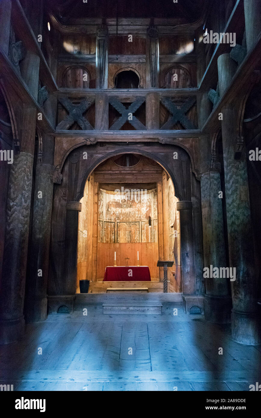Interior of a wooden church (Stavkirke) dating back to the 13th century at the Norwegian Museum of Cultural History (Norsk Folkemuseum) at Bygdoy.Oslo Stock Photo
