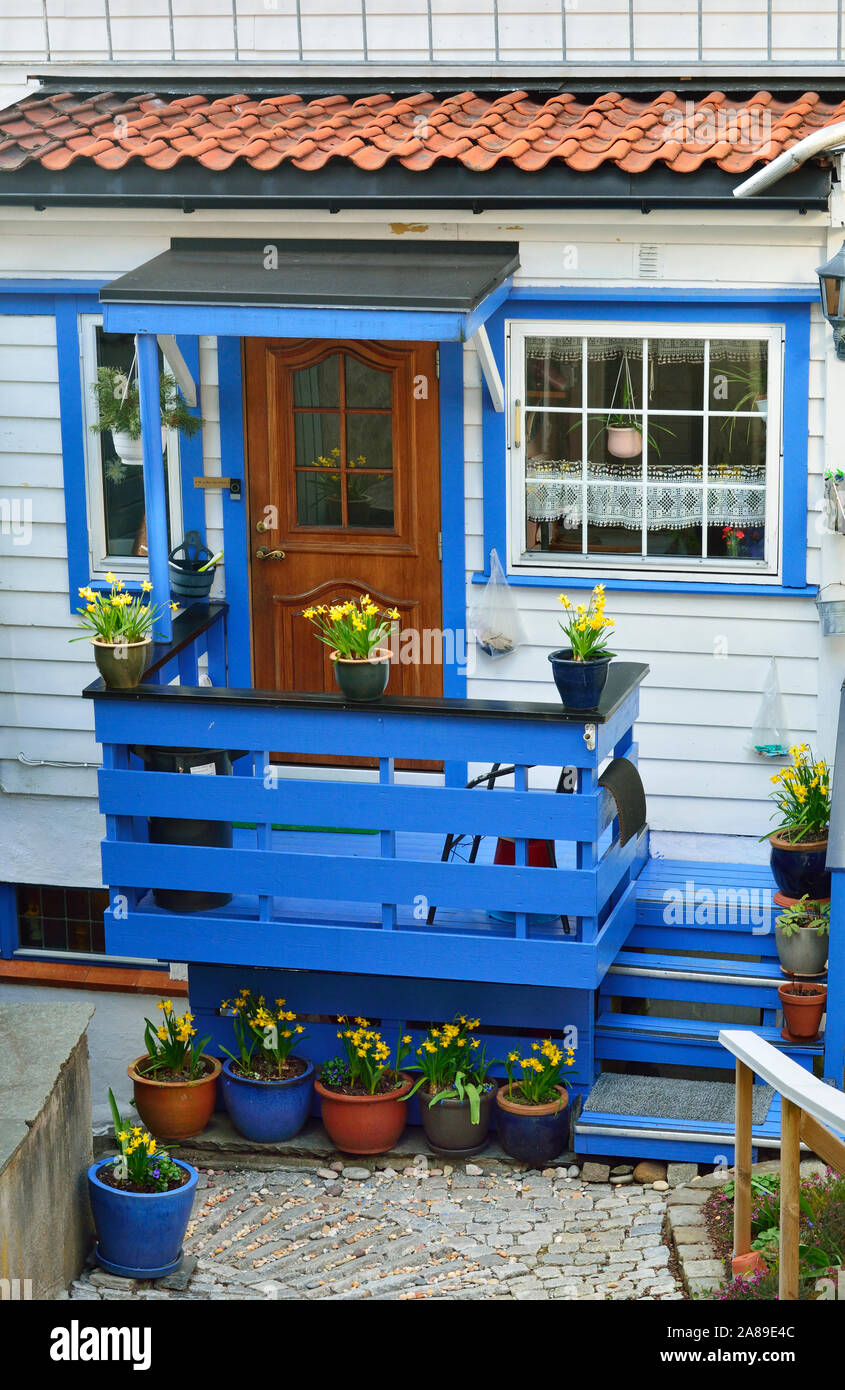 Flowers in a wooden house in Bergen's Old Town. Bergen, Norway Stock Photo