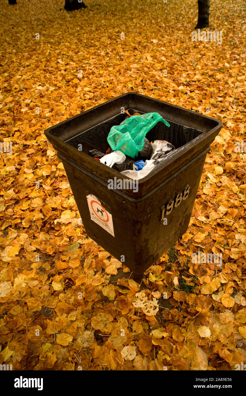 public bin in the UK full of rubbish. The background is golden leaves Stock Photo