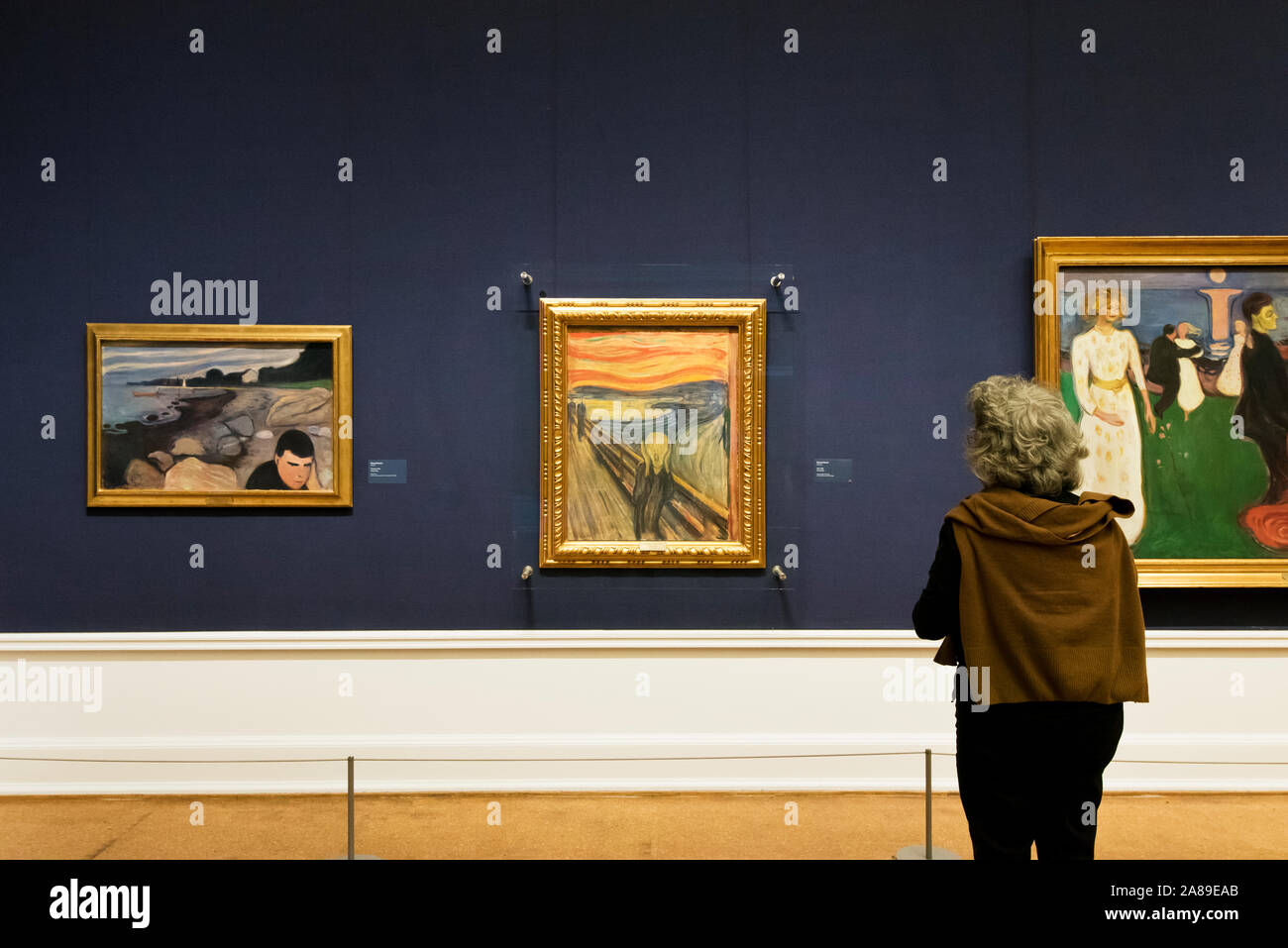 Visitor admiring the famous painting 'The Scream' by Edvard Munch. National Gallery (Nasjonalmuseet) in Oslo. Norway Stock Photo