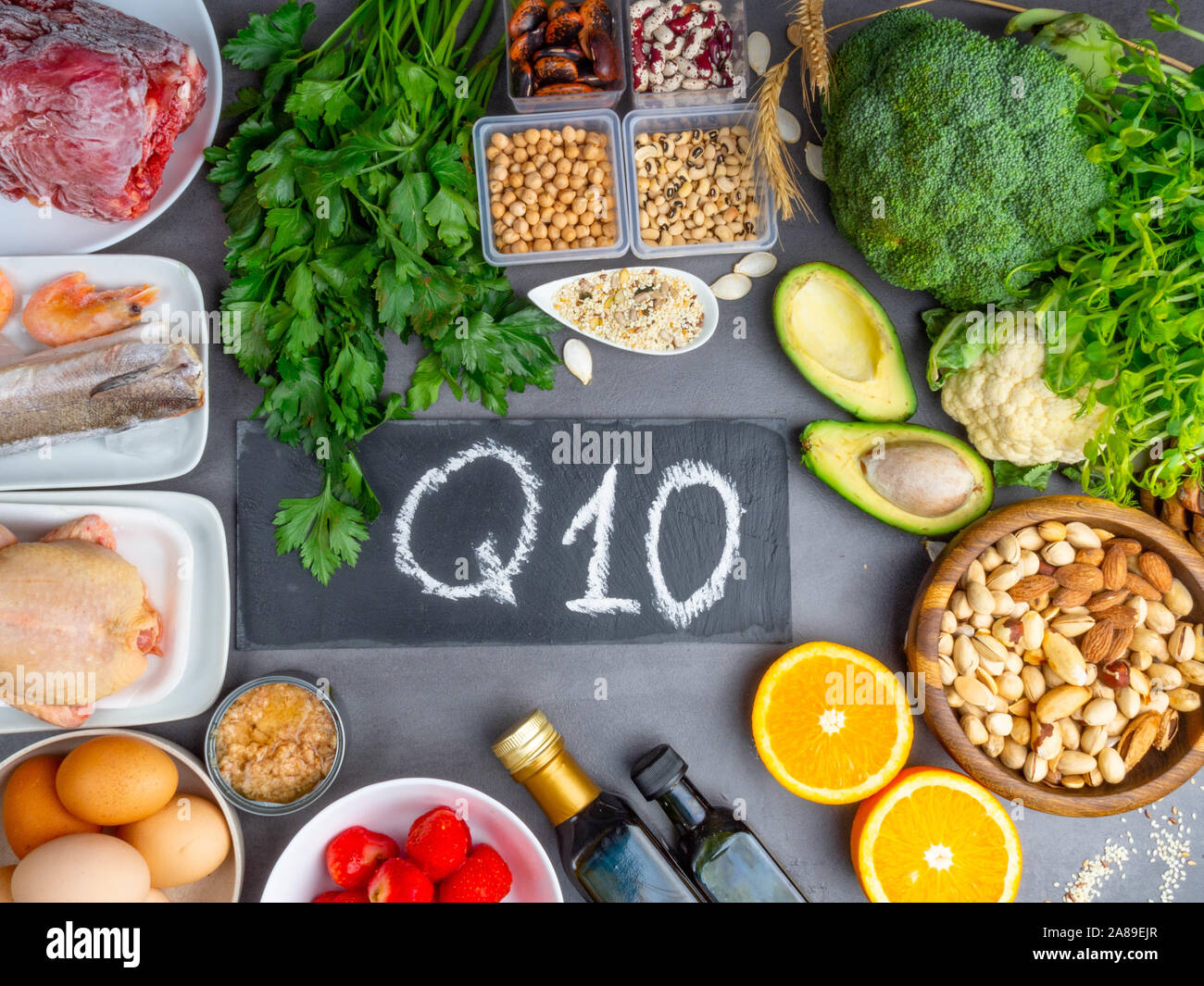 Composition with food contains coenzyme Q10, antioxidant, produce