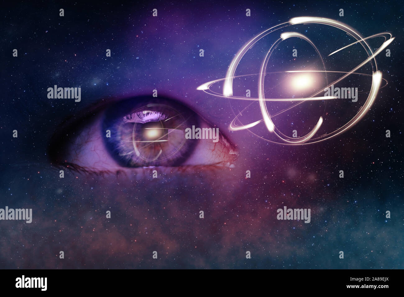 Close up Abstract eye concept looking on a atom. Nebula dust in infinite space backgroud. Mixed media. Stock Photo