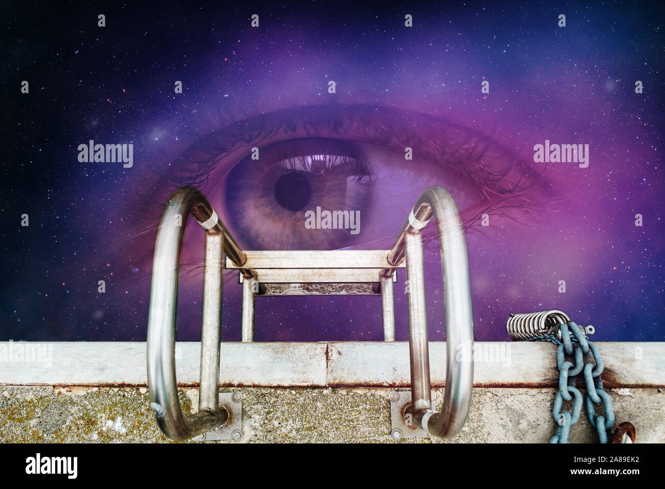 Beautiful abstract surreal ladder of stars landscape cosmos with eye space collage concept, contemporary colors and mood social background. Stock Photo