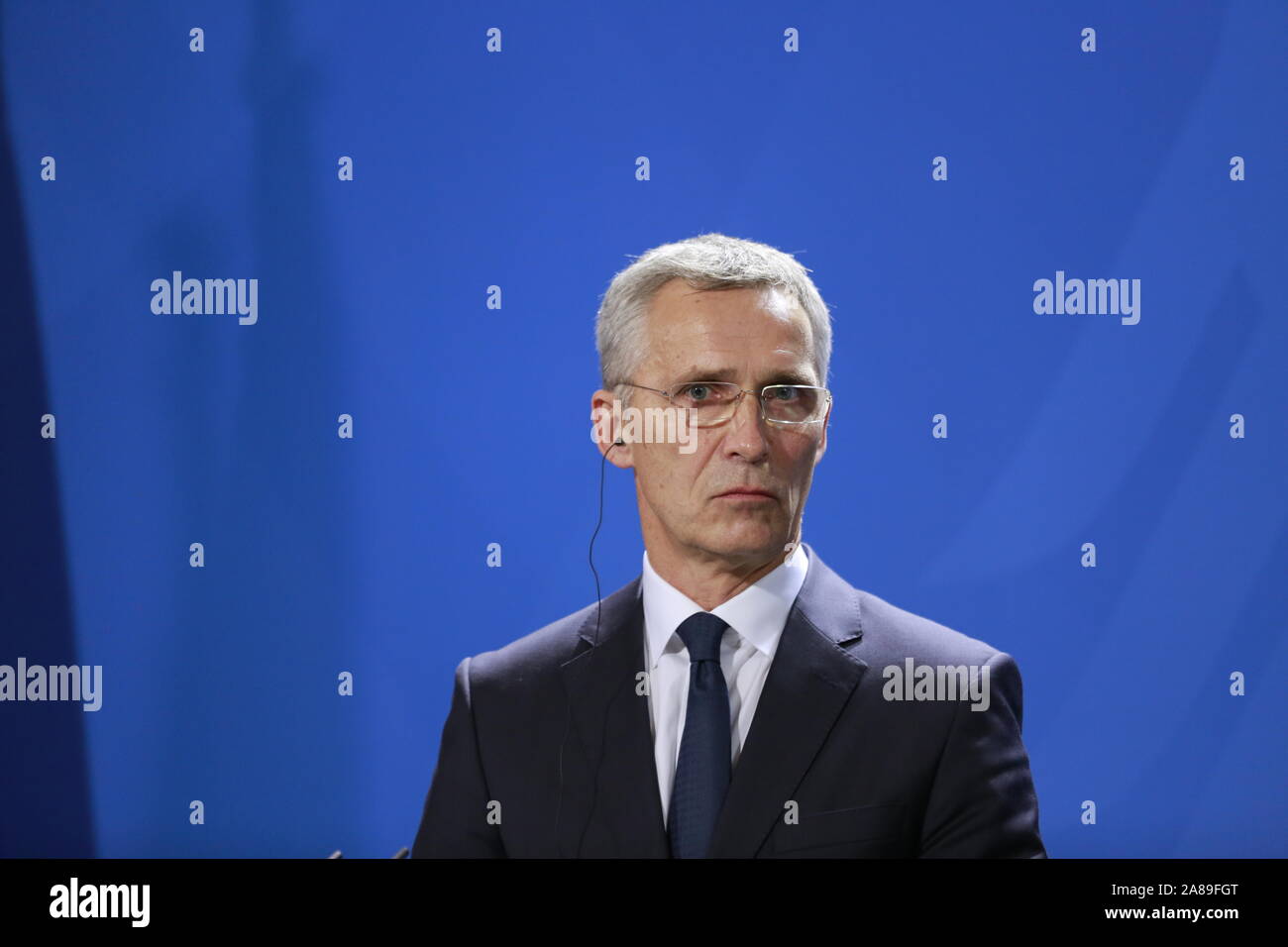 11/07/2019, Berlin, Germany, Jens Stoltenberg in the Chancellery. German Chancellor Angela Merkel receives NATO Secretary General Jens Stoltenberg on 7 November for a working visit to the Federal Chancellery. In addition to exchanging views on current issues, the exchange of views will include, in particular, the forthcoming NATO Heads of Government meeting in London on 3 and 4 December 2019, which celebrates the 70th anniversary of the Alliance. Stock Photo