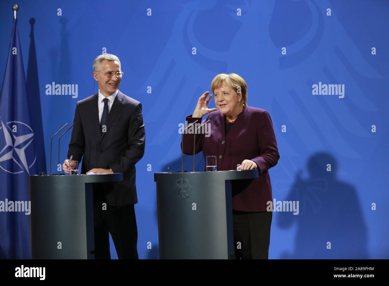 11/07/2019, Berlin, Germany, Chancellor Angela Merkel and Jens Stoltenberg in the Chancellery. German Chancellor Angela Merkel receives NATO Secretary General Jens Stoltenberg on 7 November for a working visit to the Federal Chancellery. In addition to exchanging views on current issues, the exchange of views will include, in particular, the forthcoming NATO Heads of Government meeting in London on 3 and 4 December 2019, which celebrates the 70th anniversary of the Alliance. Stock Photo