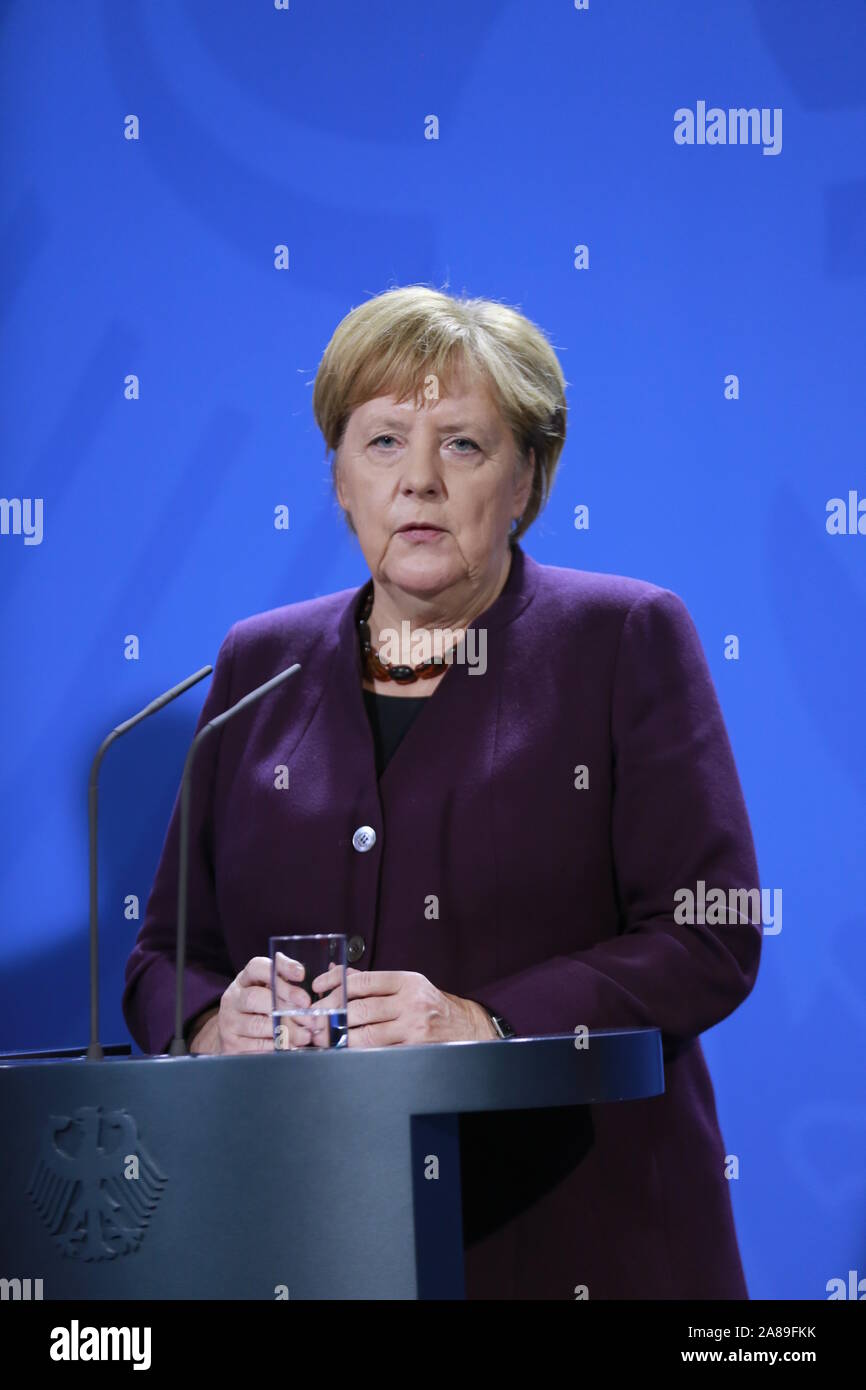11/07/2019, Berlin, Germany, Chancellor Angela Merkel in the Chancellery. German Chancellor Angela Merkel receives NATO Secretary General Jens Stoltenberg on 7 November for a working visit to the Federal Chancellery. In addition to exchanging views on current issues, the exchange of views will include, in particular, the forthcoming NATO Heads of Government meeting in London on 3 and 4 December 2019, which celebrates the 70th anniversary of the Alliance. Stock Photo