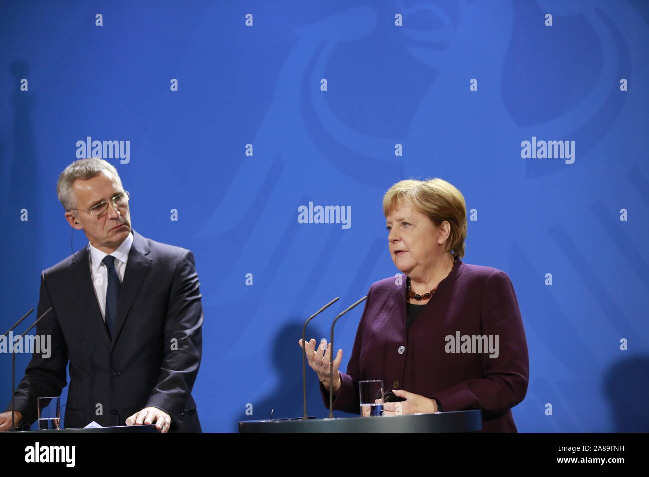 11/07/2019, Berlin, Germany, Chancellor Angela Merkel and Jens Stoltenberg in the Chancellery. German Chancellor Angela Merkel receives NATO Secretary General Jens Stoltenberg on 7 November for a working visit to the Federal Chancellery. In addition to exchanging views on current issues, the exchange of views will include, in particular, the forthcoming NATO Heads of Government meeting in London on 3 and 4 December 2019, which celebrates the 70th anniversary of the Alliance. Stock Photo