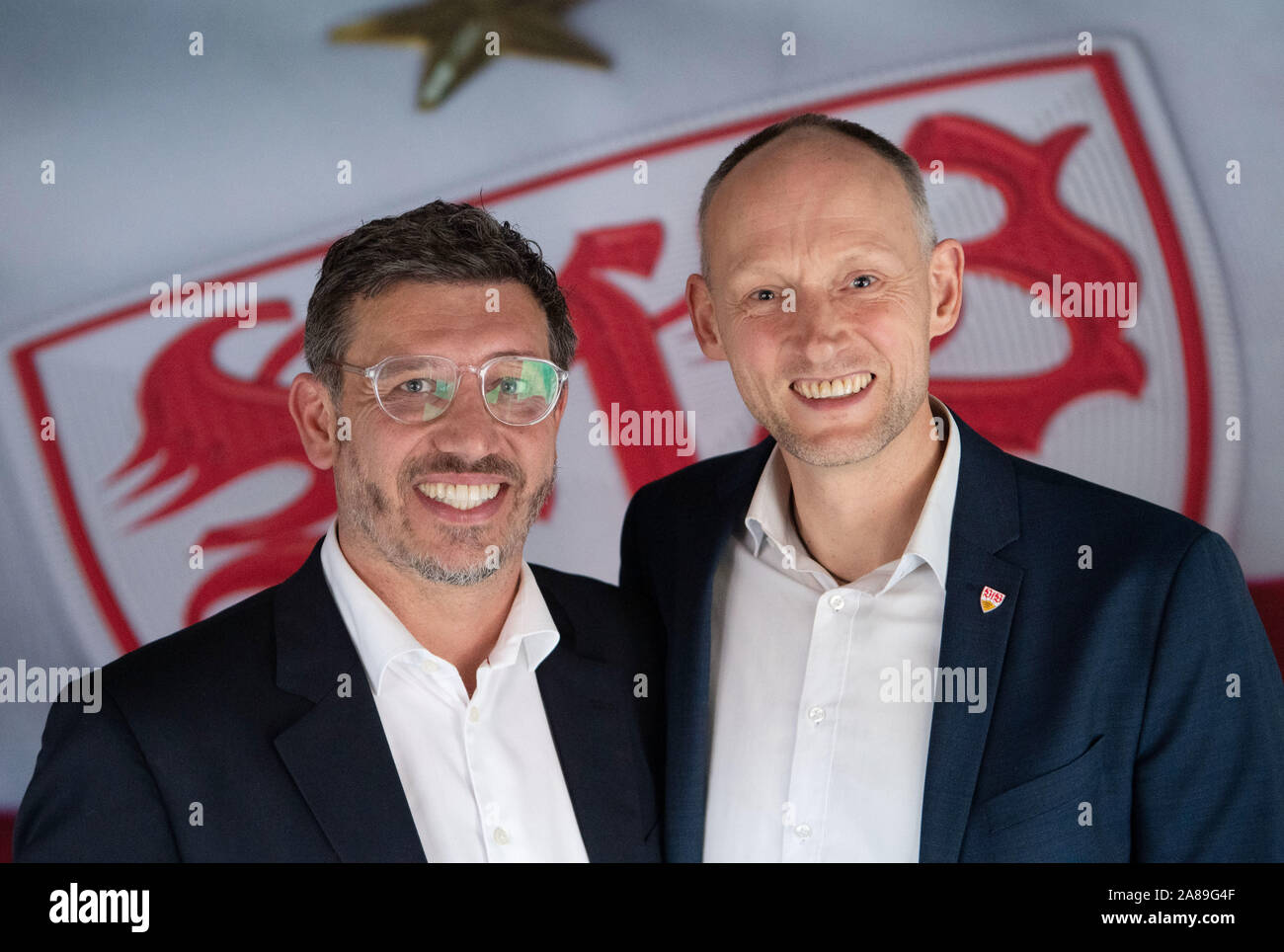 Stuttgart, Germany. 07th Nov, 2019. Christian Riethmüller (r) and Claus Vogt attend a press conference. The advisory board of the second league club nominates Vogt and Riethmüller as presidential candidates for the general meeting on 15 December. Credit: Marijan Murat/dpa/Alamy Live News Stock Photo