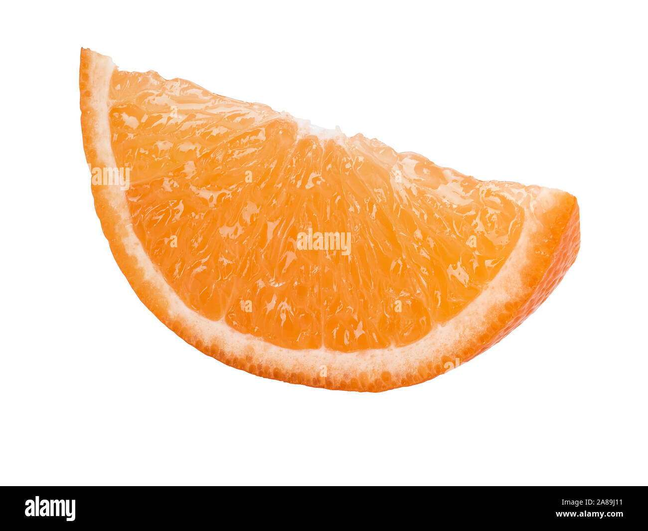 Slice of a delicious orange isolated on white background with copy space for text or images. Sweet taste with sourness. Fruit with ripe flesh. Side vi Stock Photo